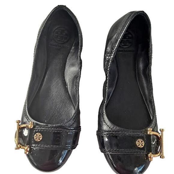 Tory Burch Noel Ballet Flat Women Size 7.5  Classics Black Gold Hardware Elastic - Picture 1 of 12